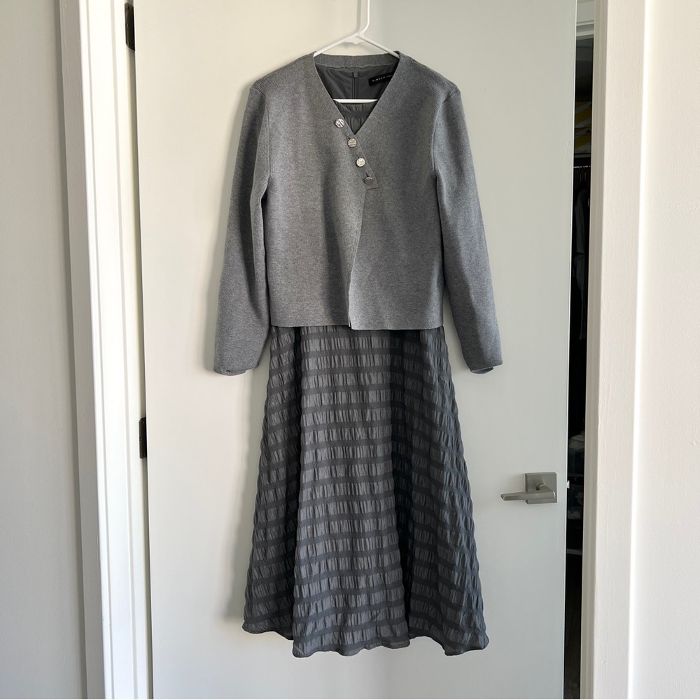 Sdeer Striped Texture Dress Sweater Cardigan Set